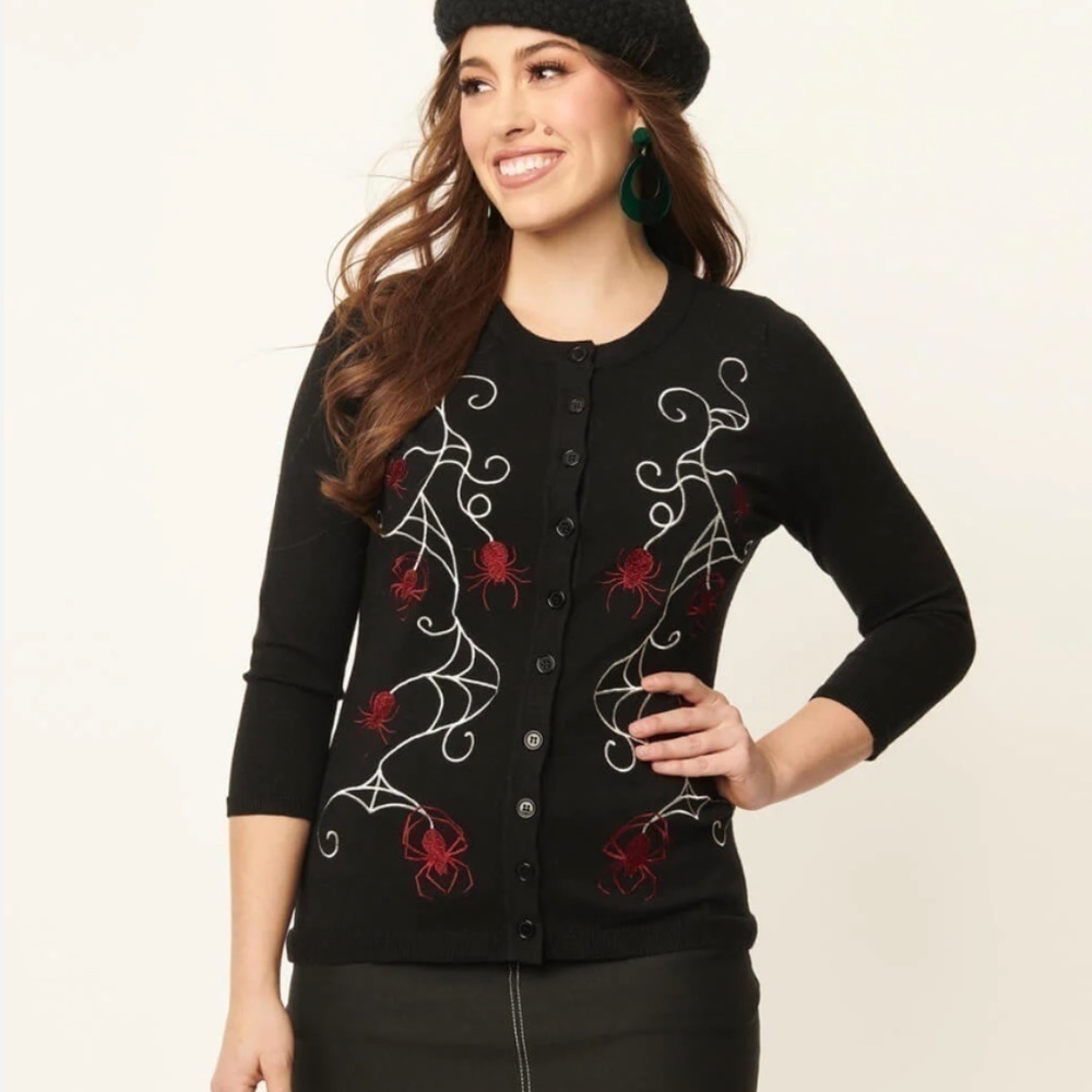 UNIQUE VINTAGE Spider Embroidered Bookworm 1950s Retro Cardigan • Size XS NWT